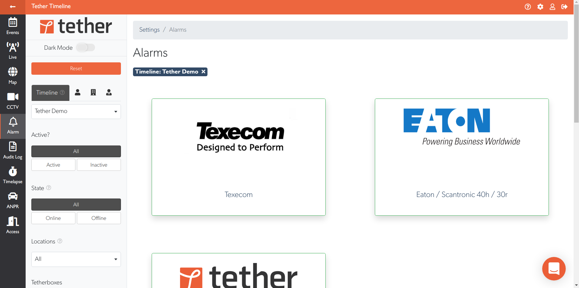 TetherX Alarms page