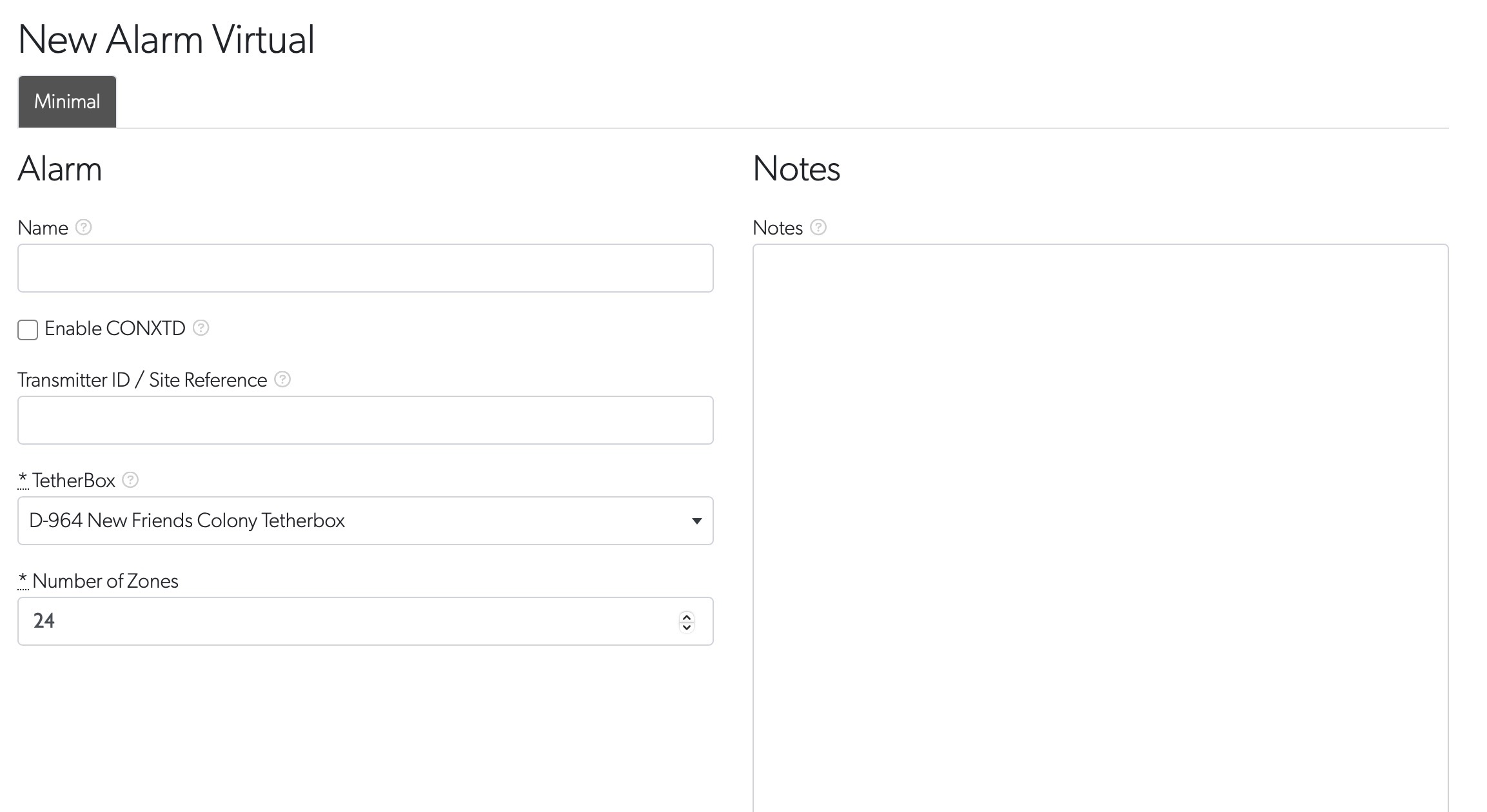 New Virtual Alarm form