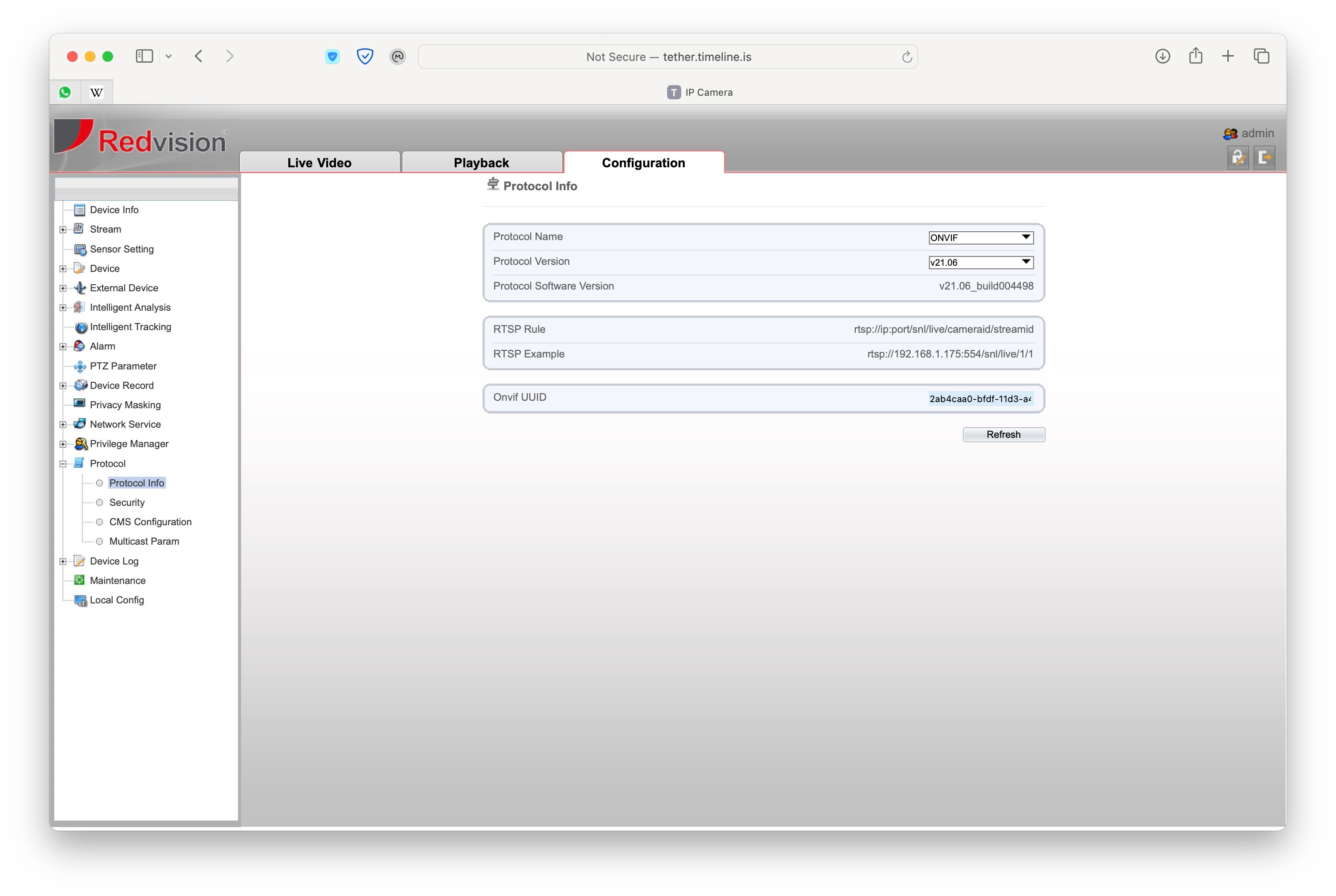 RedVision Protocol Info showing RTSP paths