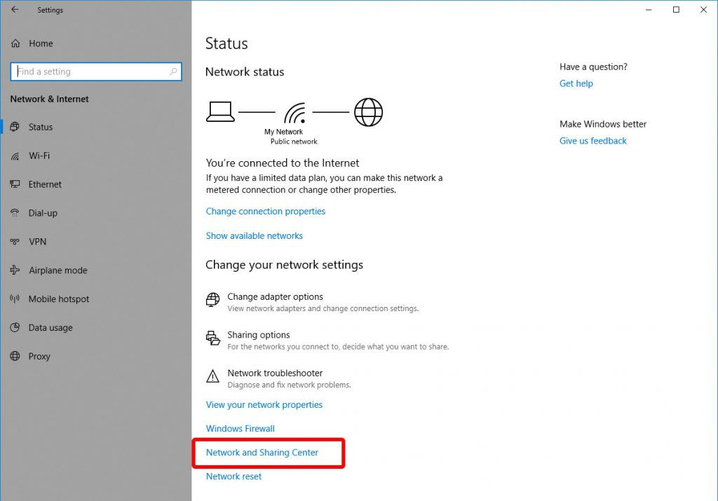 Network status page with Network and Sharing Center highlighted