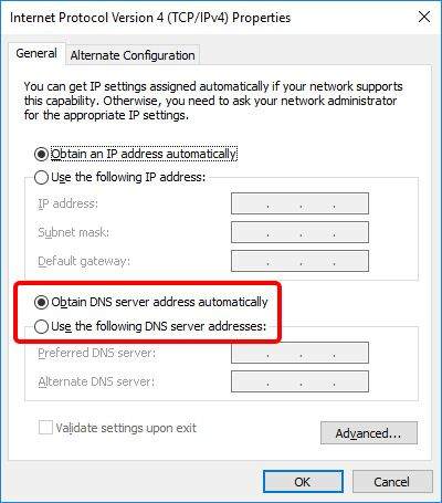 IPv4 Properties showing DNS options